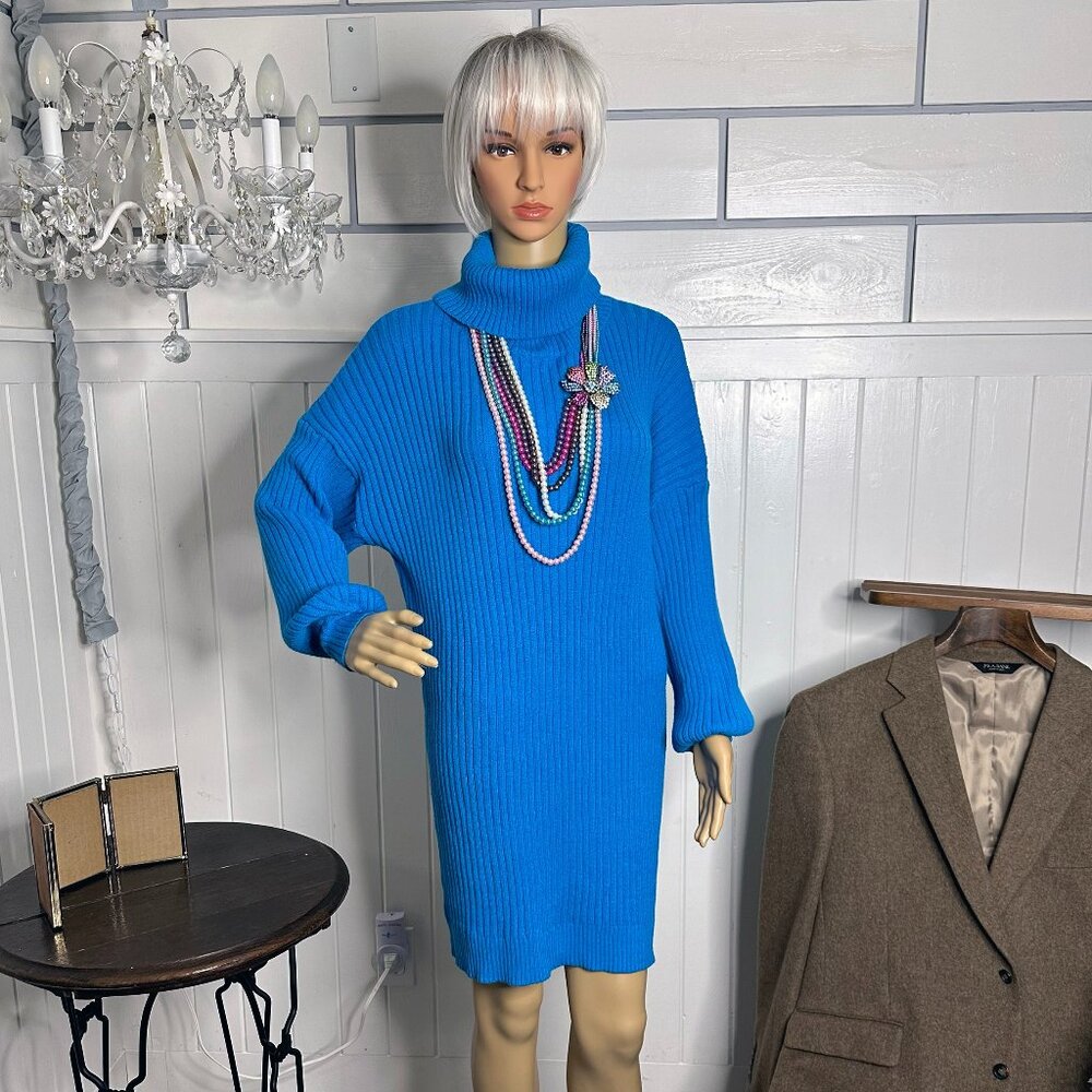 Blue Drop Shoulder Lantern Long Sleeve Casual Tunic Loose Sweater Dress Soft XL